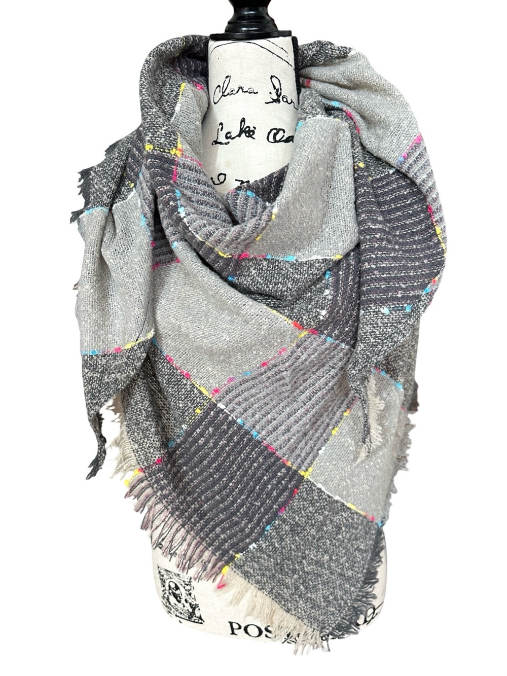 Luxury Cashmere Acrylic Plaid Triangle Scarf Gray Purple Pink Blue Yellow